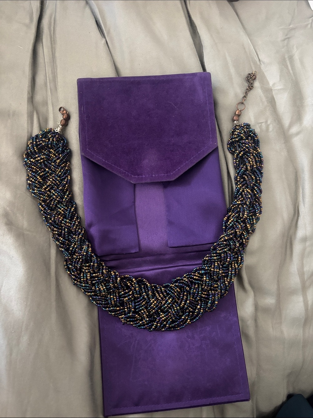 Purple Beaded Statement Necklace with Velvet Pouch